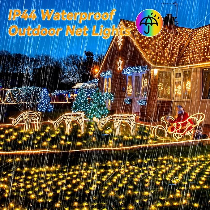 LitHome 200 LED Net Lights Outdoor, 8 Modes Connectable Christmas Net Lights, 10 x 10FT Christmas Mesh Light with Timer, Warm White Mesh Light Plug in Waterproof for Bushes,Xmas,Garden,Yard Decor