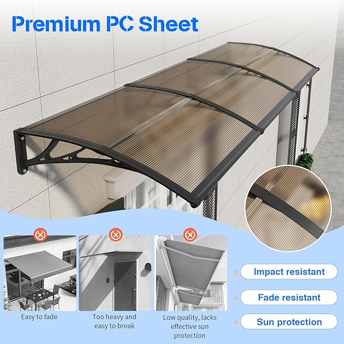 Awning for Door Entrance,32x80IN Window Awnings for Doors Canopy Polycarbonate Cover Patio Door Awning UV Rain Snow Sunlight Protection Hollow Shee