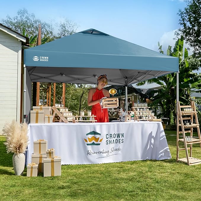CROWN SHADES 10x10 Pop Up Canopy with 1 Side Wall - Beach Tent with One Push Setup - Outdoor Sun Shade for Events, Parties, Camping - Gazebo with STO-N-Go Cover Bag (Cyan Blue)
