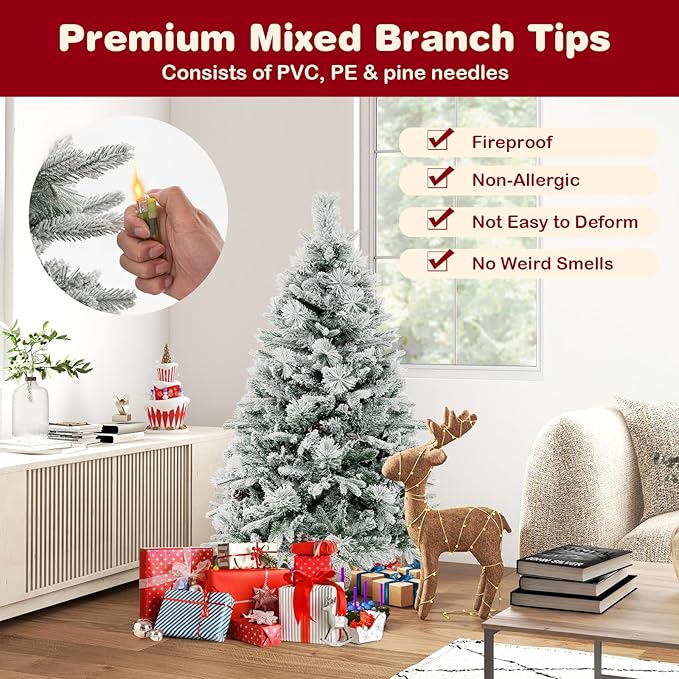 GOFLAME 4.5 FT Artificial Christmas Tree with Pine Needles, Snow Flocked Xmas Tree with 472 PE & PVC Branch Tips, 160 LED Lights & 26 Pine Cones, Hinged Decoration Tree with 8 Lighting Modes