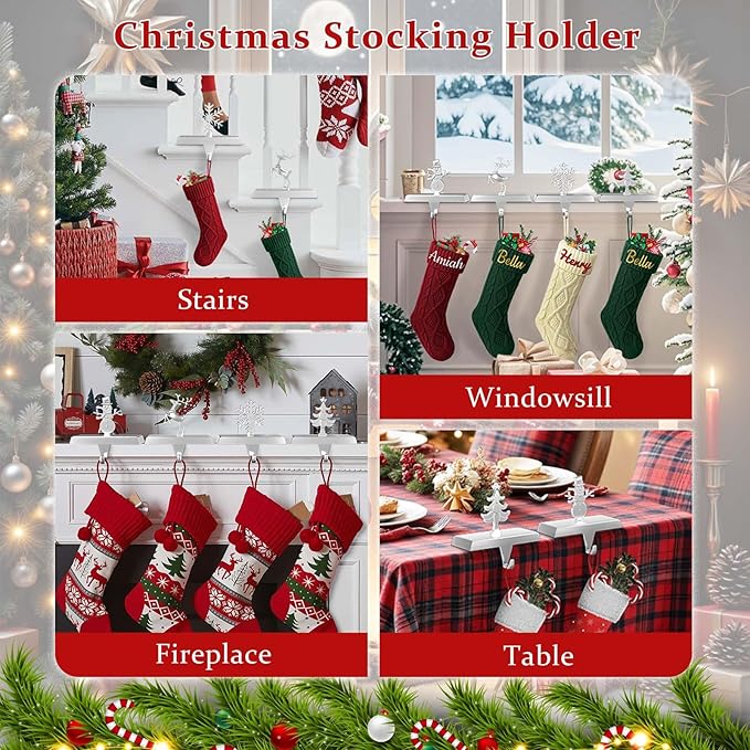 Stocking Holders for Mantle and Garland Hanger, 4-Pack Metal Christmas Stocking Hooks, Ideal for Christmas Celebrations, Festive Home Decorations, and Party Supplies