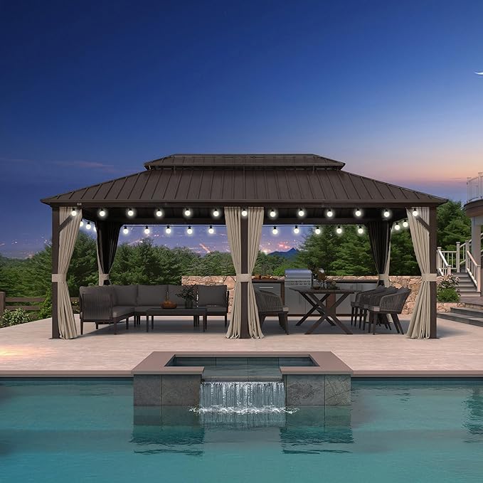 PURPLE LEAF 12’ X 20' Hardtop Gazebo Outdoor Gazebos Metal Frame Galvanized Steel Double Roof with Curtains and Nettings for Patio Desk Backyard Bronze