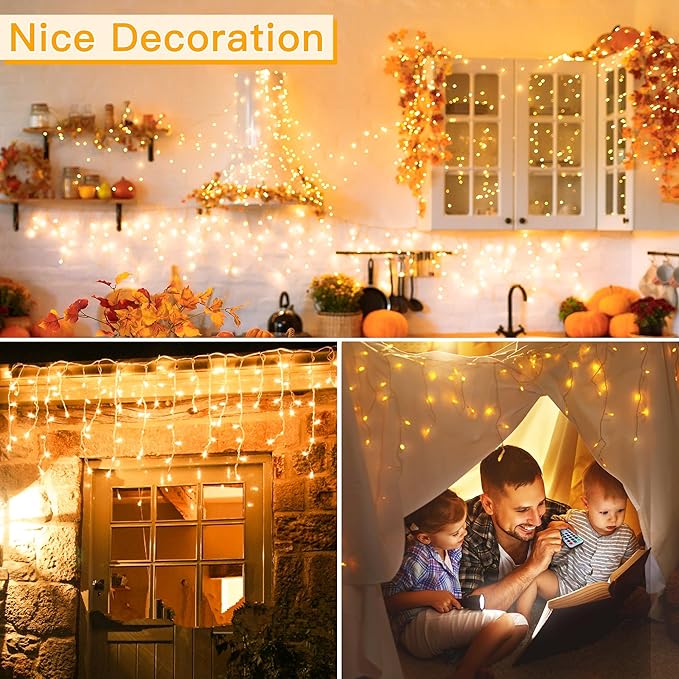 Ollny Icicle Lights for Outside 400LED 32FT, Warm White Christmas Light with Remote 8Modes Timers Waterproof, Plug in Connectable Hanging Lights for Outdoor Indoor House Roof Holiday