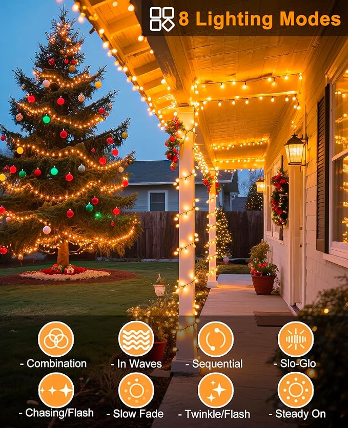 197FT 600 LED Christmas Lights Outdoor, Plug in Christmas Tree Lights Waterproof, 8 Modes Warm White String Twinkle Lights for Indoor Classroom Patio Garden Party Wedding Holiday Decorations