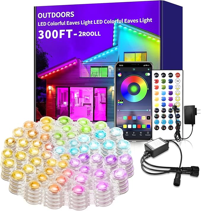 295ft permanent outdoor light, RGB Smart outdoor eave lights with APP & Remote Control,timed Music synchronisation IP67 waterproof LED eave light,suitable for party,Halloween,Christmas,rooftop,garden