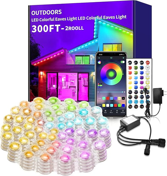 300FT Permanent Outdoor Lights for House,Waterproof Smart RGB LED Eaves Lights，permanent outdoor lights with App/Remote Control,Music synchronisation，for House,Halloween,Roof,Christmas Decorations