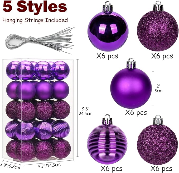 30PCS 2" Christmas Ball Ornaments Shatterproof Purple Christmas Tree Decorations Xmas Tree Balls Halloween Ornaments Décor