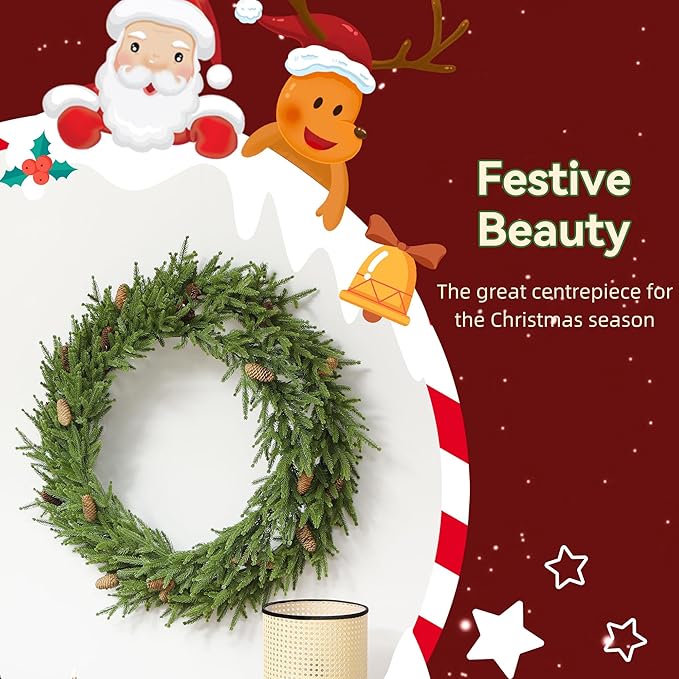 HOMCOM 36 inch Christmas Wreath with Pine Cones, Artificial Norfolk Pine Wreath with 224 Realistic Branches for Door, Wall, Window, Indoor Decoration, Green