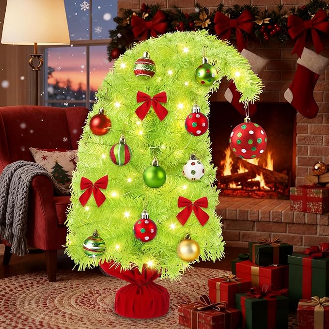 2FT Artificial Whimsical Christmas Tree Lime Small Bendable Christmas Tree with Lights Hanging Balls Bows Curved Shape Tabletop Tree Decor for Xmas Holiday Indoor Outdoor Decor