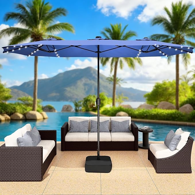 CHABATREE 15FT Rectangle Patio Umbrella with Base & Solar LED Lights - Double-Sided