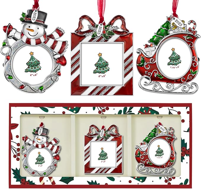 2025 Christmas Tree Ornaments 3 Piece Picture Frame Hanging Ornament Decorative Holiday Keepsake Gift Sleigh Snowman Pendant with 2” Photo Insert for Picture of Pets,Family (Christmas Set)