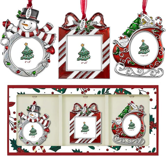 2025 Christmas Tree Ornaments 3 Piece Picture Frame Hanging Ornament Decorative Holiday Keepsake Gift Sleigh Snowman Pendant with 2” Photo Insert for Picture of Pets,Family (Christmas Set)