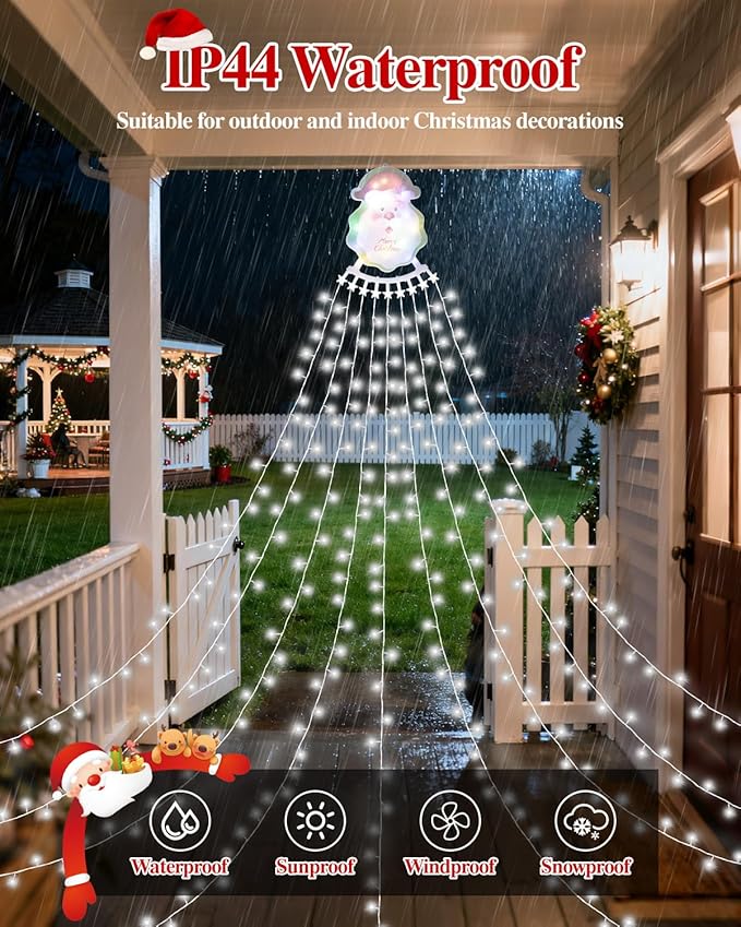 Christmas Decorations Outdoor String Lights - 335 LED 11.48ft 9 Strands Waterfall Tree Lights with Topper, 8 Lighting Modes Christmas Lights Indoor Decorative for Wedding Yard Party Home