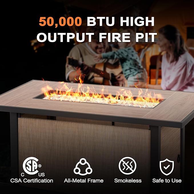 Nuu Garden 43 Inch Propane Fire Pit Table CSA Listed 50000 BTU Gas Fire Pit with Lid Glass Wind Guard and Fire Glass Beads 2 in 1 Rectangular Outdoor Fire Table for Patio Backyard Light Brown