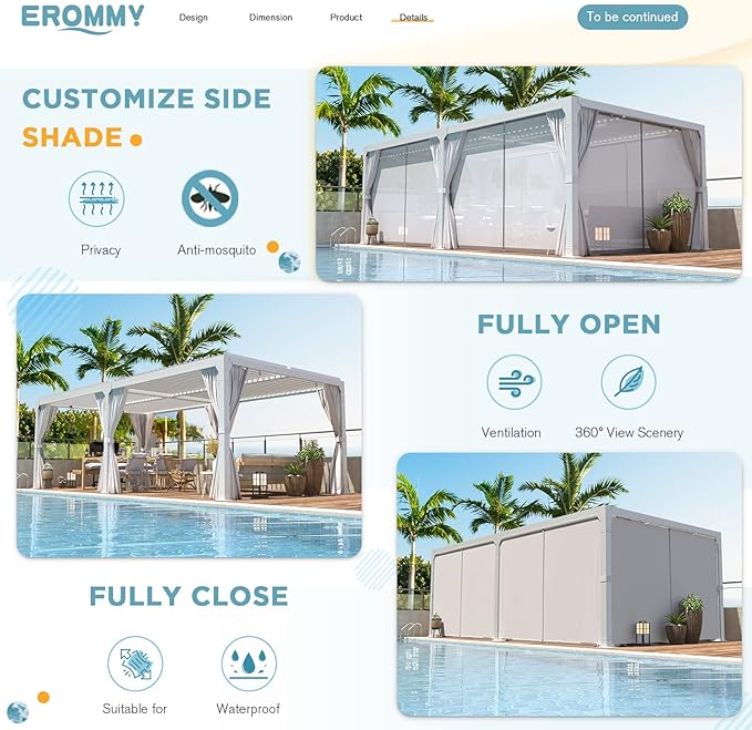 EROMMY Louvered Pergola 12' x 20' Outdoor Hard Top Pergola with Aluminum Frame and Adjustable Metal Rainproof Roof for Garden & Patio, Curtains and Netting Included, White