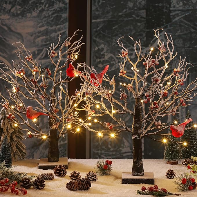 2 Pcs Vintage Glowing Tree with Cardinals Lighted Snow Christmas Mini Tree 24 LED Cardinal Little Red Bird Table Decoration for Tabletop Centerpiece Xmas Indoor Home Decor, Operated by Battery