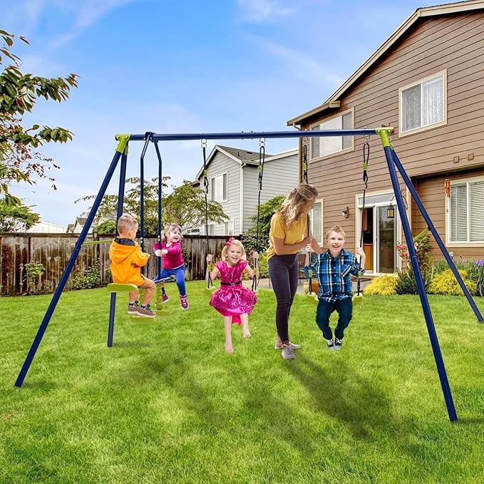 GLACER Metal A-Frame Swing Set, Heavy Duty Steel Playset for Kids w/ 2 Swings & 2-Person Glider, 440 LBS Swing Set for Kids Aged 3-10 Years Old, Multi-Purpose Play Set for Backyard, Garden, Park