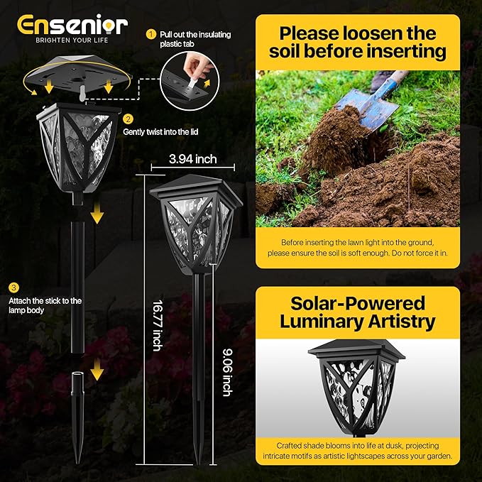 Ensenior 8-Pack Solar Lights Outdoor, 16.77" 3000K LED Solar Garden Lights for Pathway, Yard, Patio, Walkway, Planter, Waterproof, Energy-Efficient Landscape Lighting