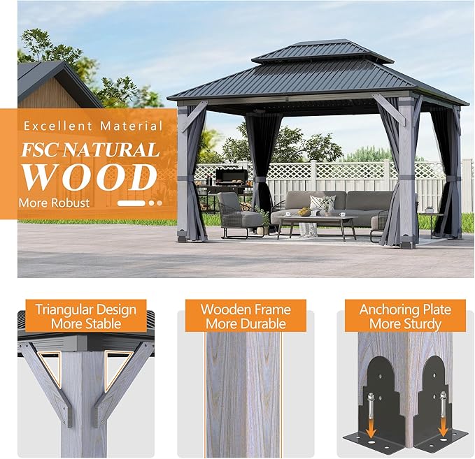 GARTOO 10' x 12' Outdoor Wood Gazebo - Permanent Wooden Hardtop Gazebo Pavilion with Double Curtains, Galvanized Steel Roof Cedar Wood Gazebos for Lawn, Garden, Poolside, Backyard Deck