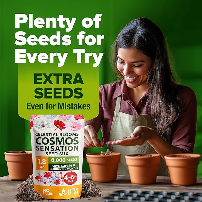 HOME GROWN Cosmos Flower Seeds Bulk Pack for 2026 (1.8 oz) 8,000+ 𝗡𝗢𝗡-𝗚𝗠𝗢 𝗨𝗦𝗔-𝗦𝗢𝗨𝗥𝗖𝗘𝗗 Heirloom Annual Wildflower Seeds – Pollinator-Friendly Mix for Pollinators & Outdoor Gardens