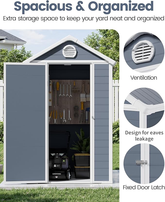 6x4.5 FT Plastic Sheds & Outdoor Storage, UV Resistant Storage Sheds Outdoor with Floor and Window, All-Weather Garden Resin Tool Shed for Lawn Mower, Yard Tools, Bike, Dark Gray