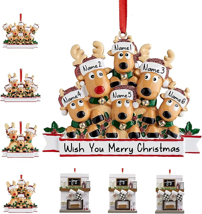 Personalized Christmas Ornaments 2023 Reindeer Family of 2/3/4/5/6/7/8 Deer Custom Christmas Ornaments with Names Customized New Year Keepsake Christmas Tree Decorations（Family of 6）