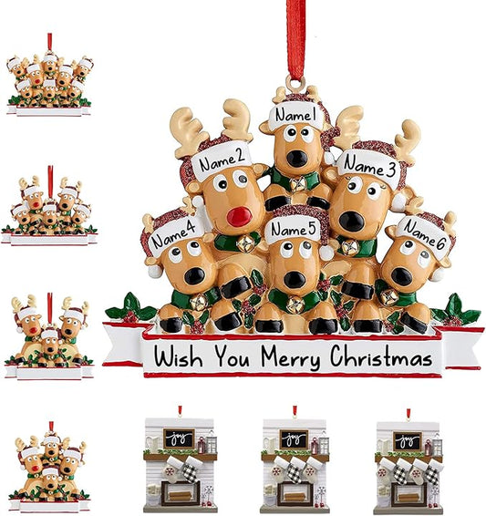 Personalized Christmas Ornaments 2023 Reindeer Family of 2/3/4/5/6/7/8 Deer Custom Christmas Ornaments with Names Customized New Year Keepsake Christmas Tree Decorations（Family of 6）