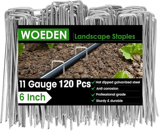 120 Pack 6 Inch Landscape Staples 11 Gauge Heavy Duty Galvanized Garden Stakes, U-Shaped Ground Pins for Weed Barrier Fabric, Drip Irrigation Tubing, Sod, Lawn & Christmas Outdoor Decorations
