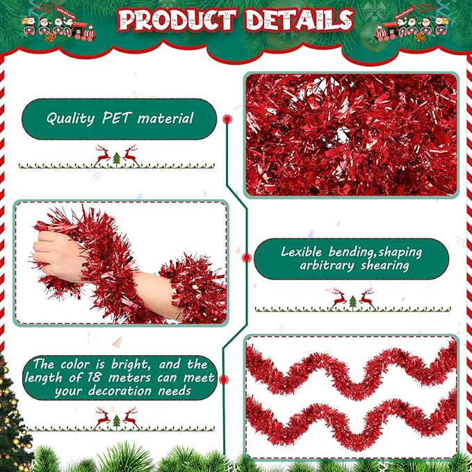 177 Feet Christmas Tinsel Garland Metallic Shiny Hanging Christmas Tree Tinsel Garland Ornaments for Indoor Outdoor Party Wedding Holiday(Red)