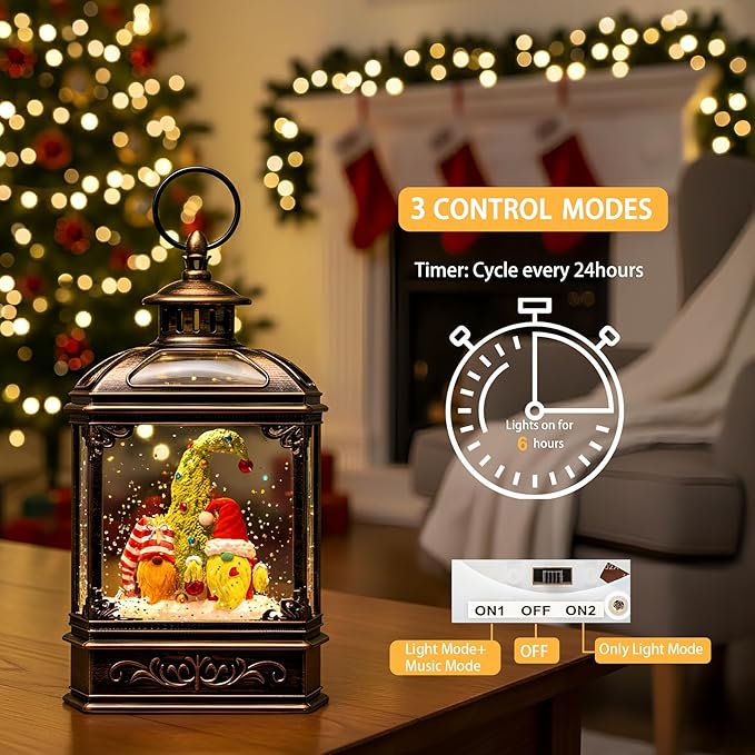 Christmas Snow Globe Lantern Water Glittering Gnomes Scandinavian Santa Elf with Whimsical Christmas Tree, Lighted Lantern for Christmas Festival Decoration Gifts