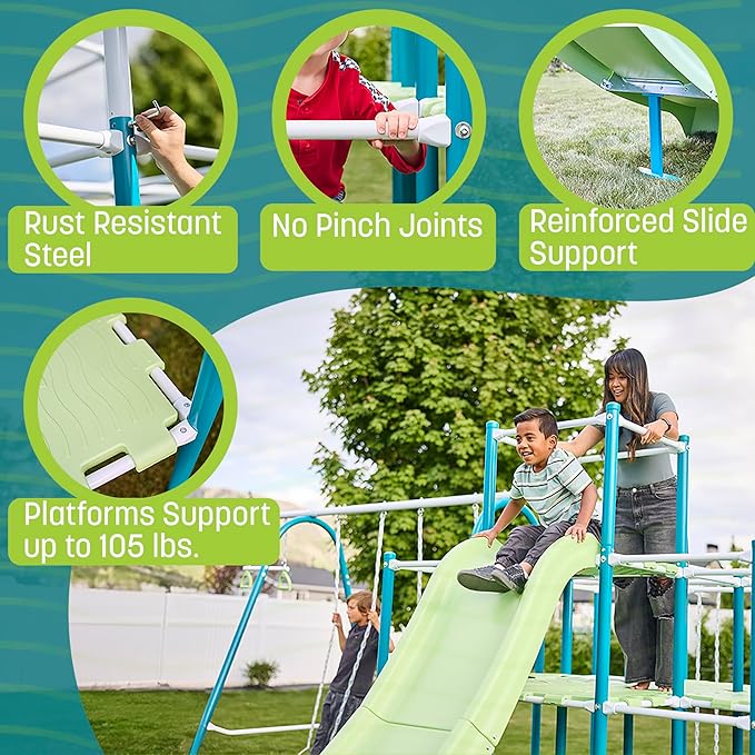 Modular Jungle Gym Set for Kids by ACTIVPLAY, Outdoor Playset, Swing, Slide, Rust Resistant, No Pinch Joints, Adjustable Platforms with Safety Grooves, Heavy Duty Metal Frame