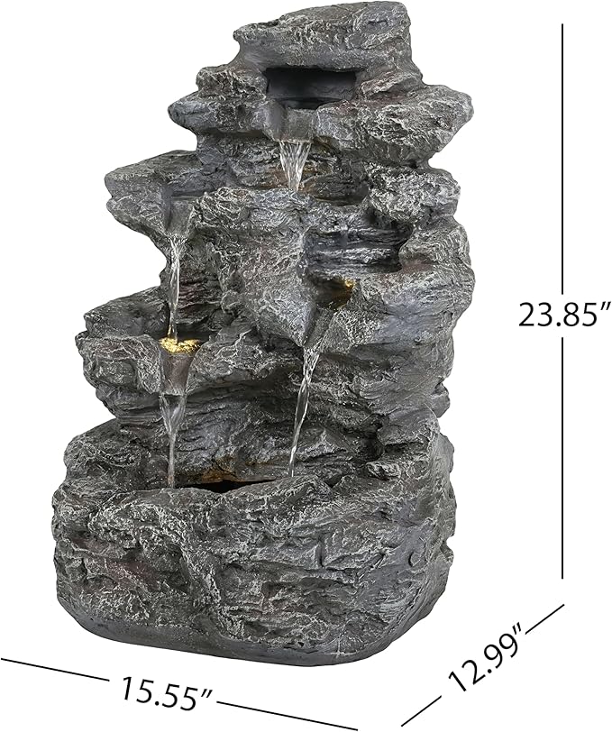 Merax 5-Tiered Concrete Tall Slim Fountain – 23.85" H LED Lit Outdoor Water Feature, Space-Saving Modern Design for Patio, Garden, Balcony, All-Weather Resistant
