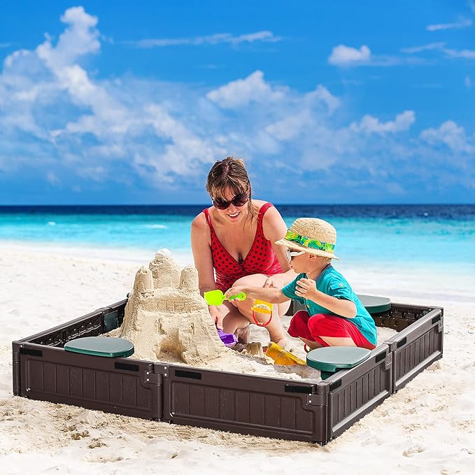 Outsunny Kids Outdoor Sandbox with Cover Garden Bed Sand Pit, Easy Assembly Children's Square Sandbox for Backyard, Brown, 48.5 x 48.5 x 8.25