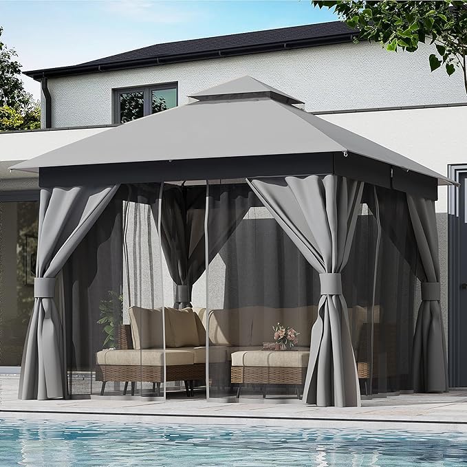 LAUSAINT HOME Semi-Permanent Patio Gazebo 10'x10' with Expansion Bolts, Outdoor Heavy Duty Party Tent with Double Roof, Mosquito Nettings and Privacy Screens for Backyard, Garden, Lawn, Smoke Grey