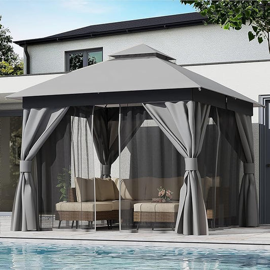 LAUSAINT HOME Semi-Permanent Patio Gazebo 10'x10' with Expansion Bolts, Outdoor Heavy Duty Party Tent with Double Roof, Mosquito Nettings and Privacy Screens for Backyard, Garden, Lawn, Smoke Grey