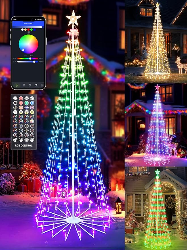 Flacchi Smart Christmas Cone Tree Lights - Star Tree Topper with Removable Bracket, App Control, Sync with Music, Waterfall Colored Lights for Indoor Outdoor Xmas Decorations (7.8FT/ String Lights)