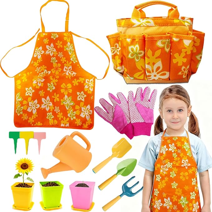 Kids Gardening Tools Set, 13 Pcs Gardening Kit with Apron & Tote Bag, Outdoor STEM Toys, Gardening Gifts for Toddlers Ages 3-7
