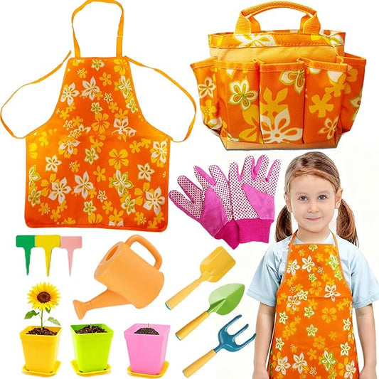 Kids Gardening Tools Set, 13 Pcs Gardening Kit with Apron & Tote Bag, Outdoor STEM Toys, Gardening Gifts for Toddlers Ages 3-7