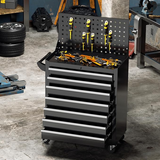 Greenvelly Tool Chest, 7-Drawer Rolling Tool Chest with Hooks and Lockable Wheels,Tool Cabinet with Pegboard and Handle for for Garage,Workshop,Art Studio(Black)