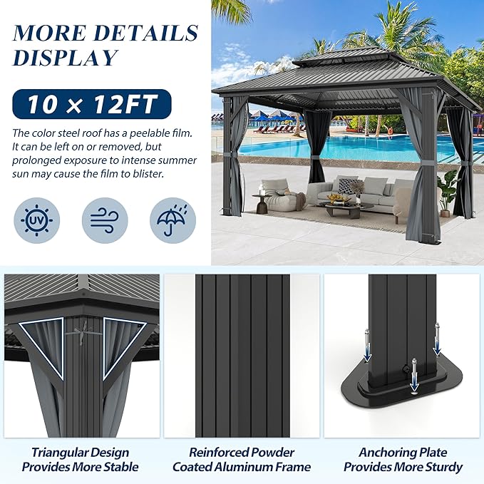 COVERONICS 10' x 12' Outdoor Hardtop Gazebo - Aluminum Heavy-Duty Double Roof Vented Gazebo with Breathable Netting & Privacy Curtains for Patio, Porch, Garden, Lawn