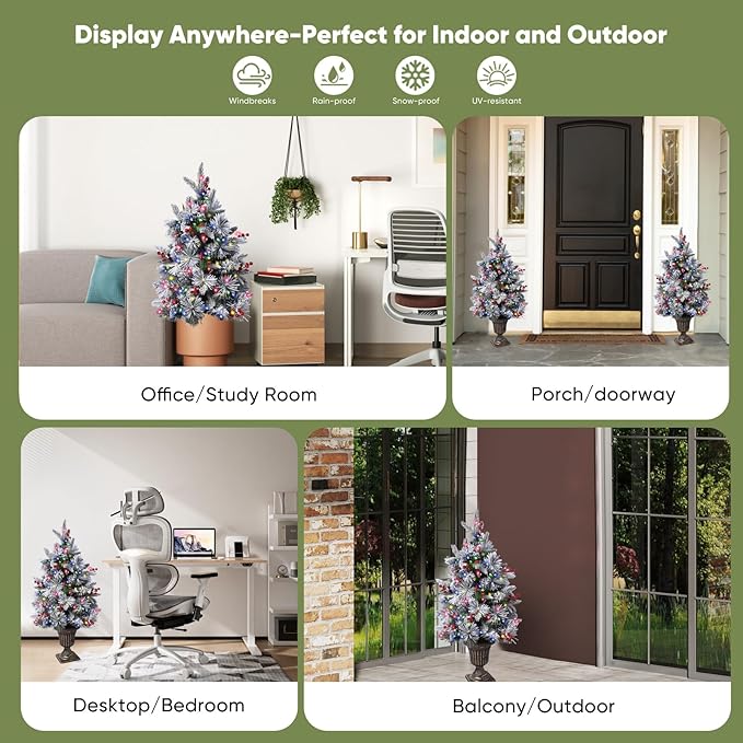 Pre-lit Potted Christmas Tree, 2-Packs Flocked Snow Xmas Tree with 100 Color Led Lights, 8 Modes, PE Christmas Decoration for Home, Office, Easy Assembly