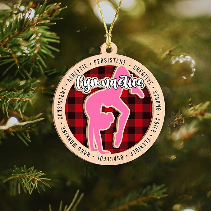Gymnastics Ornament for Girls – 2-Layer Wooden Christmas Ornament for Gymnasts, Plaid Gymnastics Christmas Tree Decor, Gymnast Gifts for Girls 2025