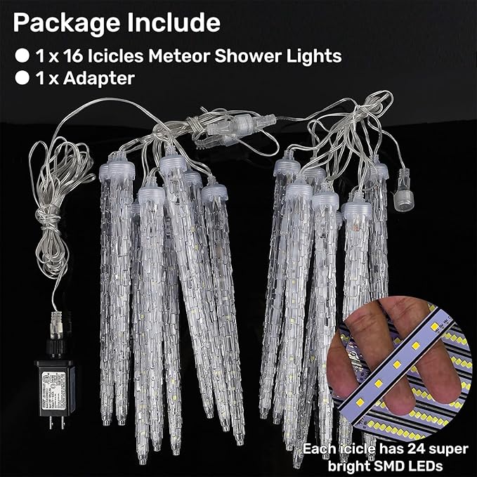 WATERGLIDE 16 Icicles Meteor Shower Lights, 12" Outdoor Christmas Icicle 384 SMD LED Crystal Ice Falling, Connectable Raindrop, Xmas Winter Party Tree Holiday Decor, Multicolor