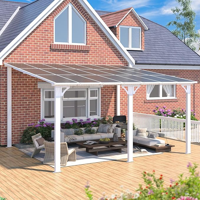 AECOJOY 14' x 12' Gazebo Outdoor Pergola for Patio, White Large Wall-Mounted Hard Top 12x14 Lean to Metal Gazebo Shelter Pergolas and Gazebos Clearance with Patio Roof, Heavy Duty Awnings for Patio