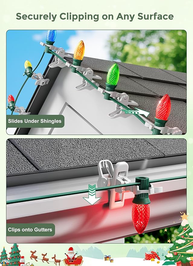 C7 C9 Christmas Lights Clips, 50 Count Holiday Lights Quick Spring Clips, Shatterproof Shingle and Gutter Clips for E12, E17 Socket, Rope Lights Roofline Fence Railing Mantel Christmas Trees, White