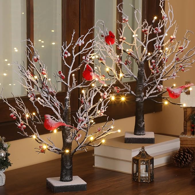 2 Pcs Vintage Glowing Tree with Cardinals Lighted Snow Christmas Mini Tree 24 LED Cardinal Little Red Bird Table Decoration for Tabletop Centerpiece Xmas Indoor Home Decor, Operated by Battery