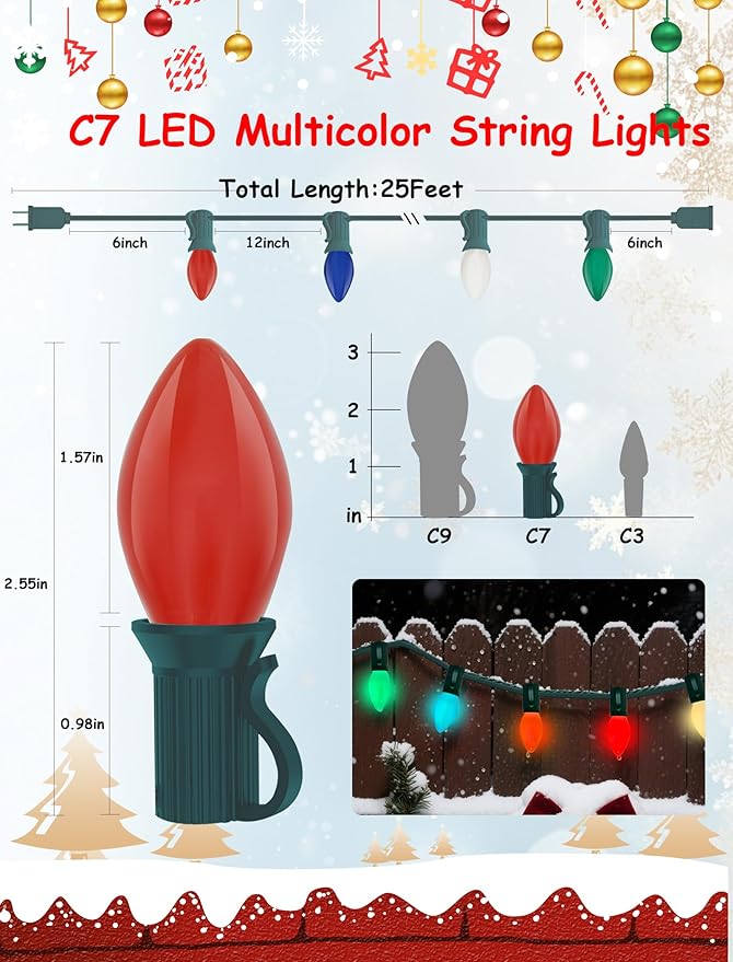 C7 LED Colorful Christmas Lights Outdoor, 25Ft Christmas Decorations String Lights with 27 LED C7 Ceramic Multicolor Bulbs, Hanging Vintage Christmas Lights for House Roofline Tree Patio Yard Party