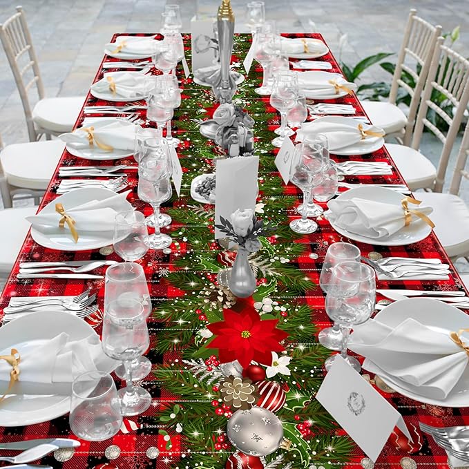 3Pcs Christmas Buffalo Plaid Snowflake Tablecloths,Plastic Red and Black Checkered Rectangle Christmas Tree Color Ball Table Cover for Winter Xmas New Year Holiday Party Decorations,54x108 inch