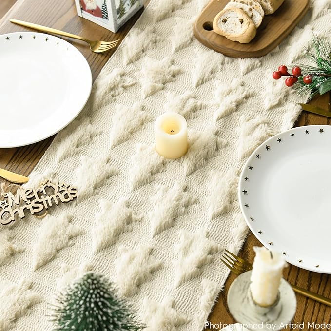 Artoid Mode Christmas Trees Beige Soft Plush Faux Fur Jacquard Christmas Table Runner, Holiday Kitchen Dining Table Decoration for Home Party Decor 13x60 Inch