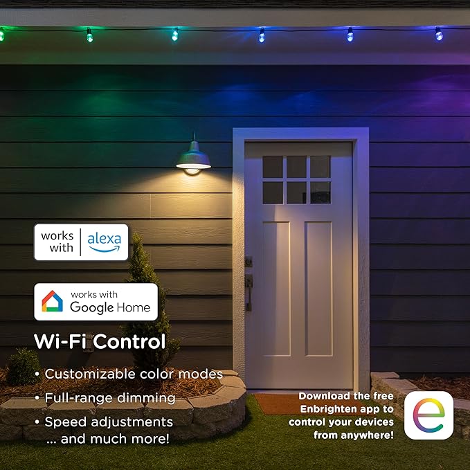 Enbrighten Vibe Smart Color Changing String Lights, 24ft Black Cord, 12 Shatterproof Acrylic Bulbs, Weatherproof, Dimmable, Outdoor String Lights, Works with Alexa, Google Home, 2 Pack, 82764